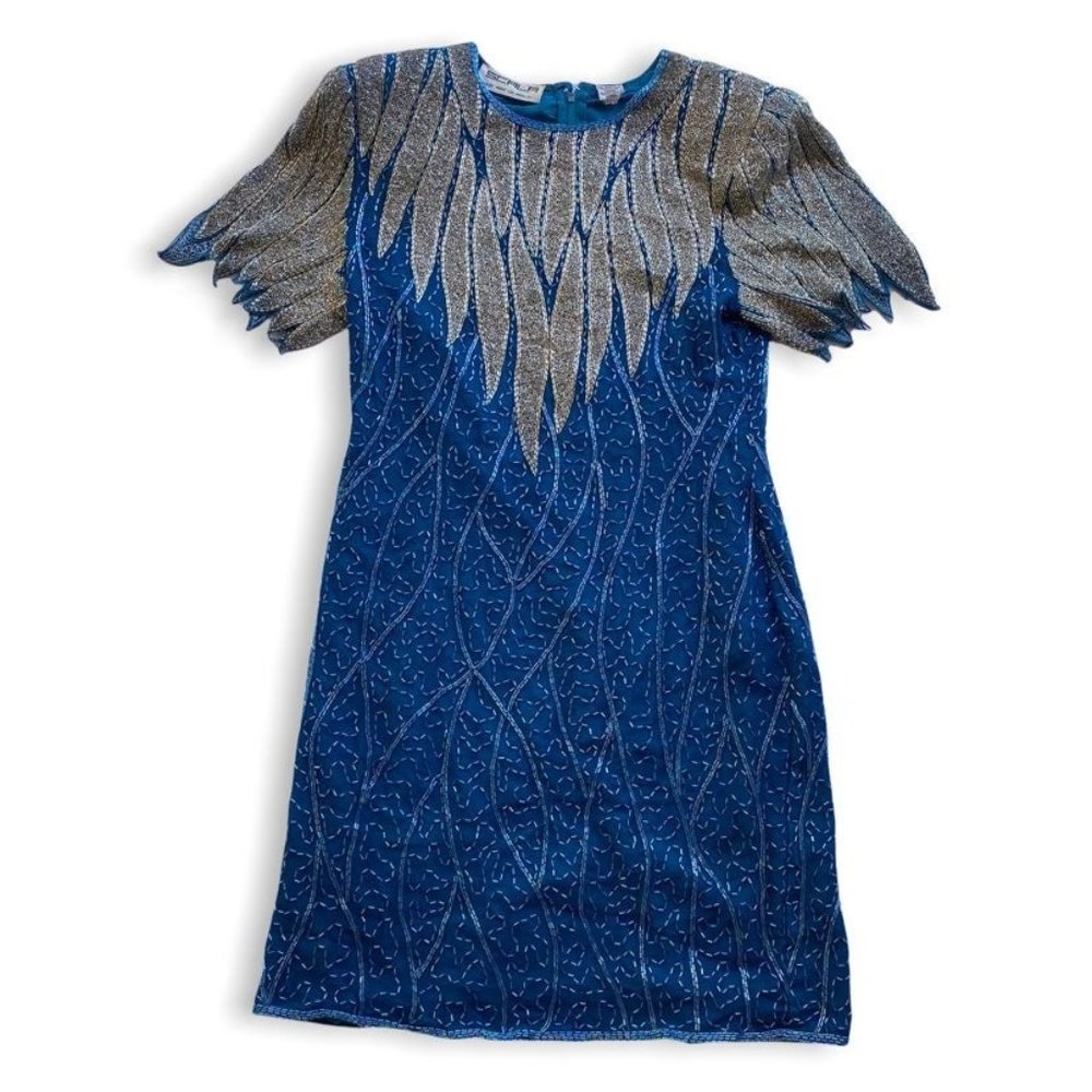Vintage SCALA Glam Beaded Blue Silk Cocktail Evening Dress - P Medium